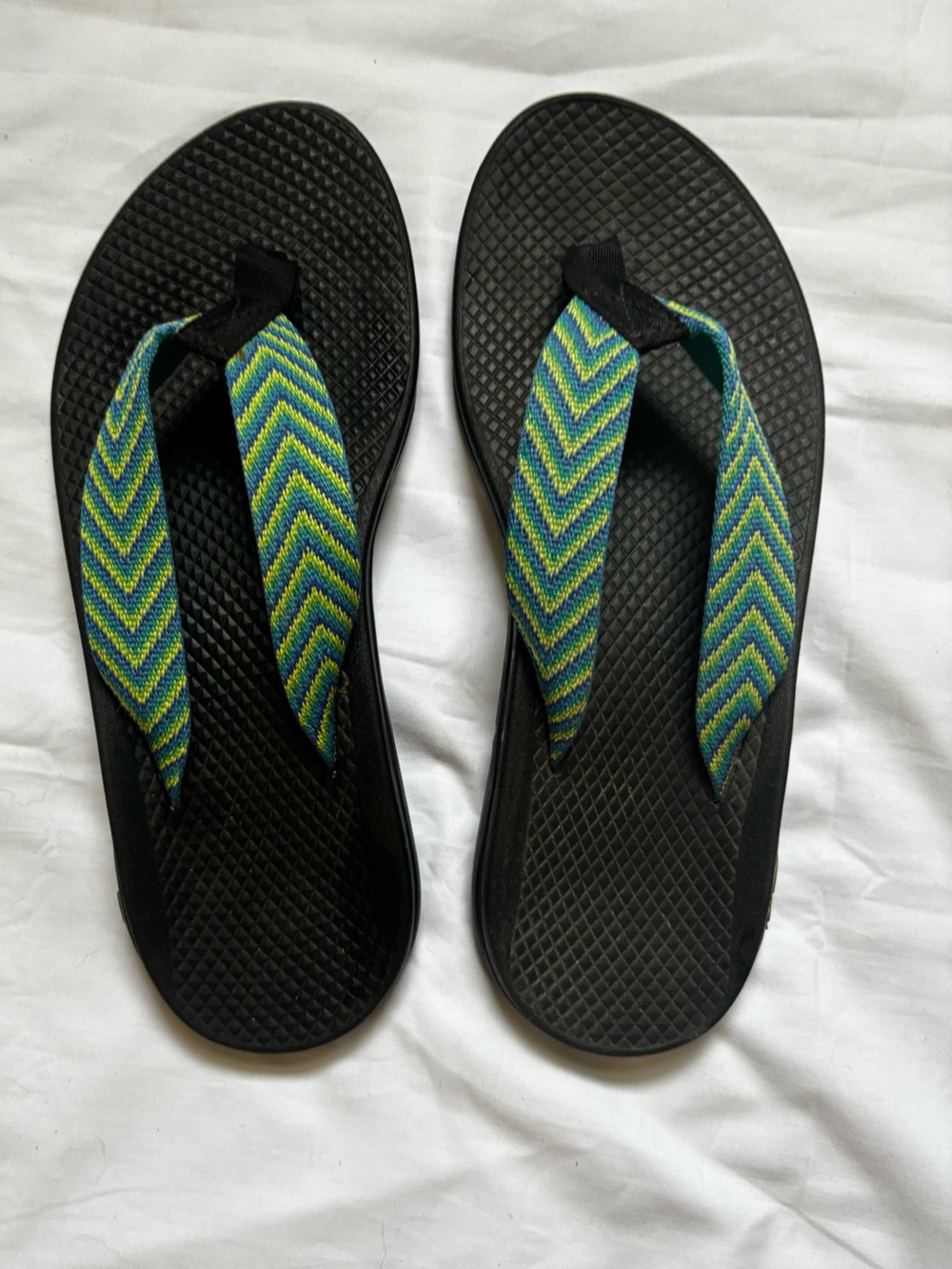 Like new Chaco Black Flip Sandals with Blue and Green Chevron Straps size 8